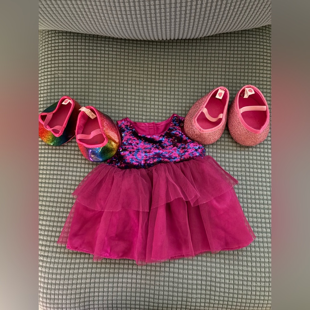 Build a Bear Purple Sequin Dress with Two Pairs of Shoes Bundle